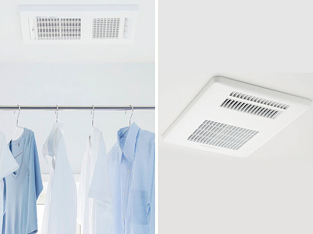 【【設備画像:浴室換気乾燥暖房機】】換気・乾燥・暖房・涼風機能で、バスルームを最適な環境に調整できます。乾燥は衣類乾燥にもご活用いただけます。暖房は、冬場のヒートショック対策に効果的です。
