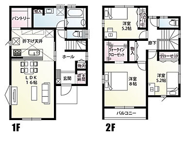 土間収納やパントリー、ウォークインクローゼットを備えた収納豊富な3LDKの間取りです！
南向きのLDKは16帖の広さを確保。明るい陽光が差し込み、ご家族でゆったりとくつろげます♪
 