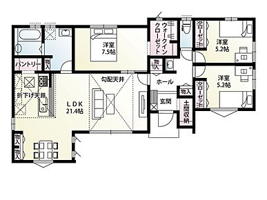 土間収納やパントリー、ウォークインクローゼットを備えた収納豊富な3LDKの平屋プラン♪
LDKは広々21.4帖！ダイニングとリビングをゆるやかに分けることで、暮らしにメリハリが生まれます。
玄関ホールにも洗面化粧台を設け、帰宅後すぐに手洗いができる便利な動線も魅力◎ 