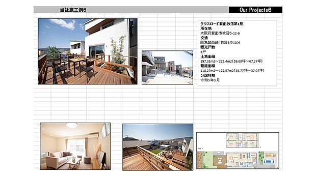 【グラスロード箕面牧落第1期】所在地大阪府箕面市牧落５-12-6交通阪急箕面線「牧落」歩10分販売戸数3戸土地面積197.31m2～222.4m2（59.68坪～67.27坪）建延面積118.27m2～122.57m2（35.77坪～37.07坪）
分譲時期
令和６年９月