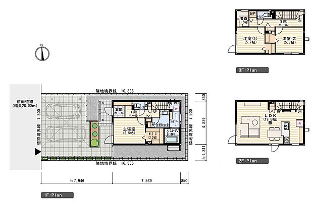 【3LDK+書斎】※プラン図は図面を基に描いておりますので、実際と多少異なる場合があります。家具・小物・外構は価格に含まれます。洗濯機・冷蔵庫・車は価格に含まれません。カーポート面積は延床面積に含まれます。
※延床面積補足
延床面積：137.65m2(41.63坪)
カーポート部分：28.21m2含む