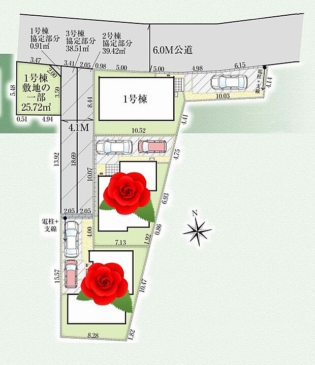 ☆全体区画図☆
カースペース1台(1号棟)2台(2.3号棟)
来客時や自転車置き場にも便利です♪