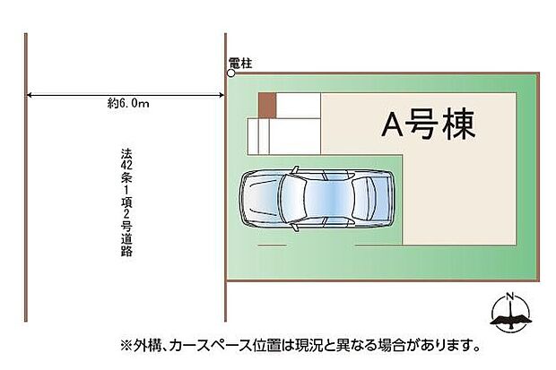 ☆全体区画図☆
ビルトインガレージの車庫は雨からお気に入りのお車を守ってくれます♪前道が6ｍあるので、車庫入れが苦手な方でも安心して入れられます。