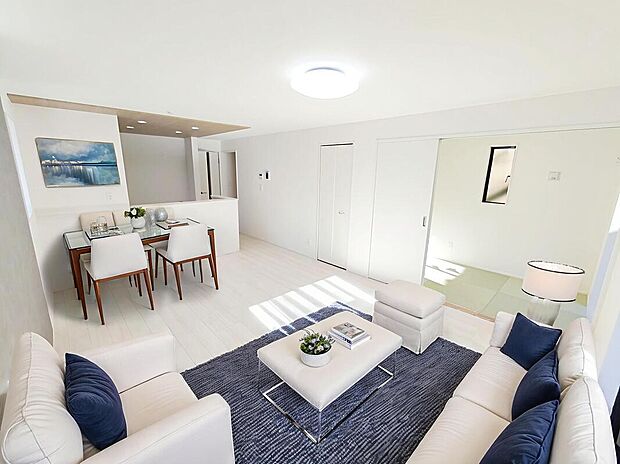 【リビングルーム】広々１６帖のLDK！対面キッチンからはLDK全体を見渡せます♪
※家具をCGで加工しています。家具付き販売ではございません。