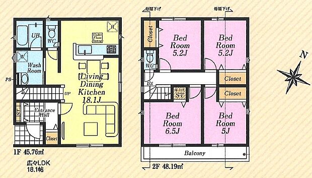 【間取り図(4LDK・2階建)】1階に18.1帖のLDK、洗面・浴室・トイレを配置。2階は5.2・5.2・6.5・5帖の4室とバルコニー。建物面積93.95m2。
