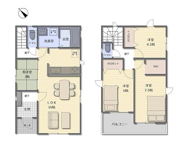 【1区画】建物プラン例(1区画)4LDK、土地価格2580万円、土地面積112.07m2、建物価格1700万円、建物面積89.43m2
【水回りがまとまっているので忙しい奥さんには嬉しい間取りです。
リビングスルー階段で、お子様の帰宅もすぐわかりますね。リビング横には多目的に利用できる和室を完備♪】