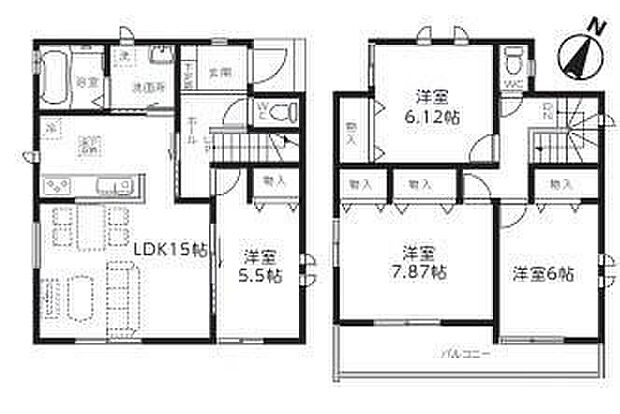 【4LDK】水回り集中動線の間取りで家事効率アップ♪２階には南向きバルコニーで洋室に明るい光を取込んでくれます♪全居室収納完備でお部屋をスッキリと保てます☆