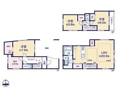 ◇20帖超えの広々LDK！足元からポカポカ床暖房付きでエアコンいらずの冬が過ごせます♪◇道路からの視線が気にならない2階リビングの3階建て◇WICや納戸付きでお部屋がすっきり片付きます♪ 