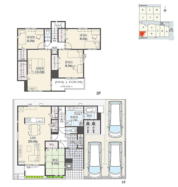 【5LDK】5LDK+Ｗウォークインクローゼット+玄関収納+リビング収納+パントリー+ランドリースペース
駐車3台可

部屋数が豊富な5LDK。Ｗウォークインクローゼットを設けています。