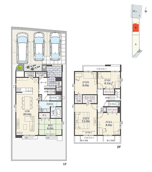 【5LDK】5LDK+多目的収納+Wウォークインクローゼット+玄関収納+パントリー
駐車3台分
※建物面積にバルコニー面積の一部(0.76m2)含む

南北両面バルコニー付きの住まい。洗面室は2WAY動線です。