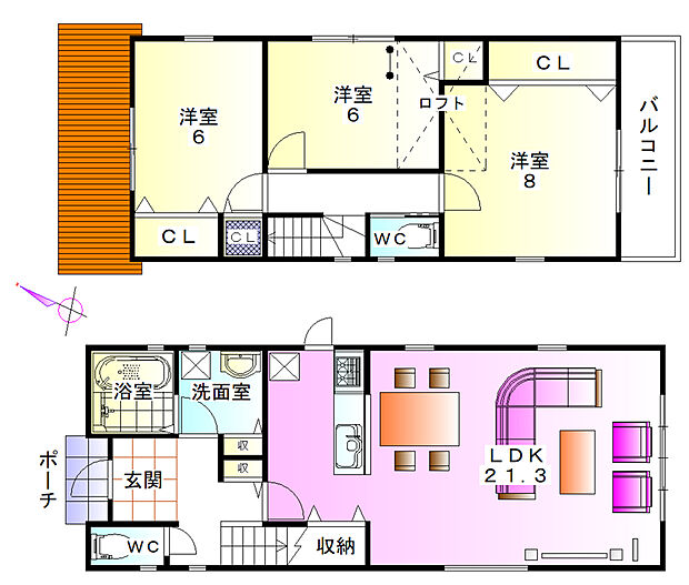 【3LDK】※1F建物面積に玄関ポーチ部分約0.81m2含む・建物面積にロフト部分約4.86m2含む