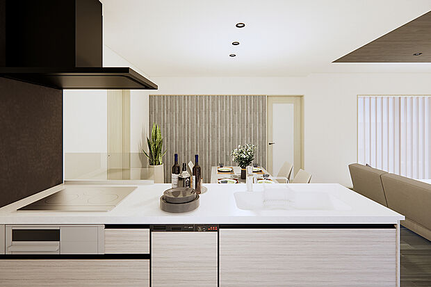 家族の様子を伺える対面式キッチン!小さなお子様からも長時間目を離す心配を減らします!/8号地完成予想パース