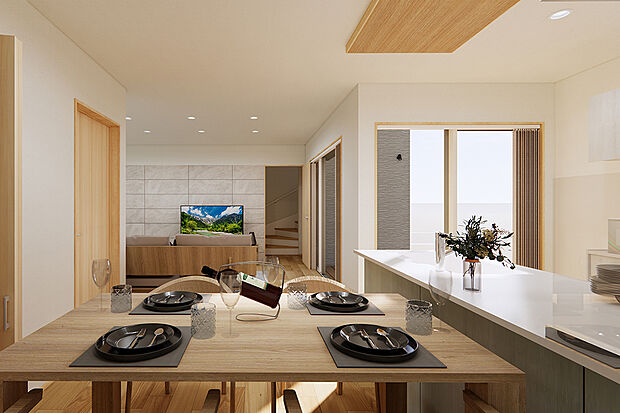 キッチンは人気の対面式を採用。キッチンからはLDK全体を見渡すことが可能です。/2号地完成予想パース