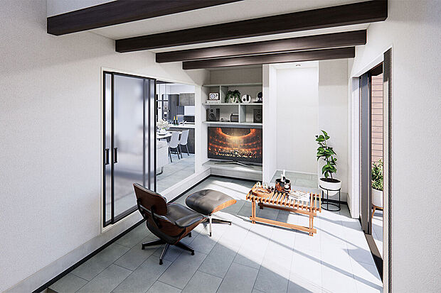 【フレキシブルルーム│それぞれの使い方ができる空間!】家族それぞれがフレキシブルに活用できる空間。靴を履いたまま出入りが可能です!/3号地完成予想パース