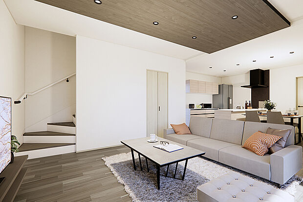 【LDK│リビング内階段のある家】家族の距離を縮めるリビング内階段。いってきます、ただいまが飛び交うように!/8号地完成予想パース