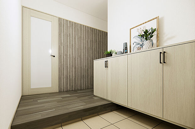 【玄関│家族の靴もきれいに整頓】真っ白なシューズクロークで。清潔感と統一感を演出。家族分の靴もすっきりと収まります。/10号地完成予想パース