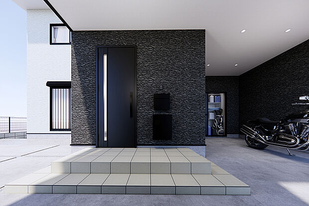 【玄関│駐車場まで傘いらず】駐車場と玄関まで屋根があり、自転車などを置けば雨風によるサビや劣化を防ぎます。/8号地完成予想パース