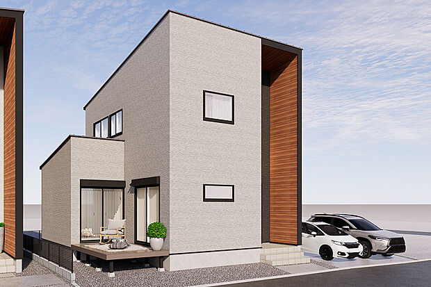 【外観予想パース】LDK・フレキシブルルームと繋がるウッドデッキのある暮らし!/2号地完成予想パース