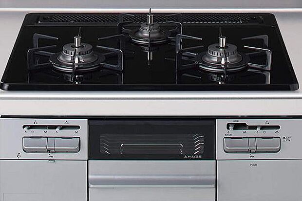 【【ガラストップ3口コンロ】】料理に応じて、お好みの温度に設定すれば火加減を自動で調節。ガラストップなのでお手入れも簡単です。