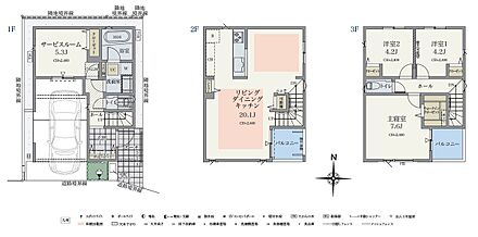 広々とした約20.1帖のリビングダイニングキッチンを中心としたプランニング。パントリーも設置されているため、ストックを収納するのに役立ちます。 