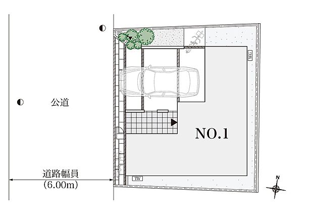 【敷地配置図】前面道路約6mのゆとりある空間。