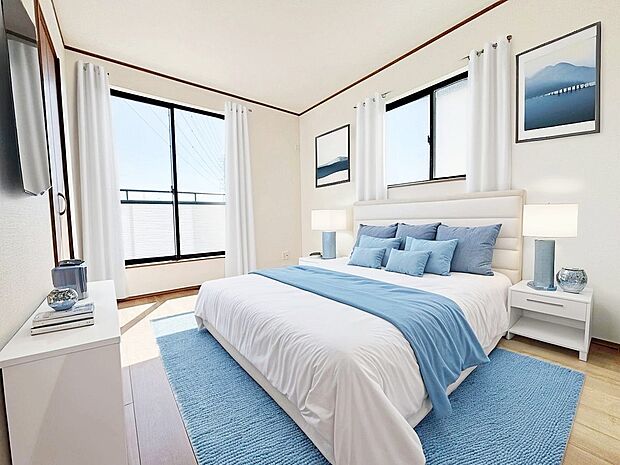 【☆Bedroom☆】2面採光を確保した明るい室内は、風通しも良く、大変居心地の良い空間となっております。爽やかな風を感じて起きる朝は、快適生活の始まりに!※家具はCGで合成しております。