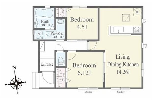 【2LDK】＜南西角地の陽当たり良好プラン＞
南西角地となり陽当り良好で解放的な住宅となります！
希少な平屋建てとなり、家事動線にも無駄がありません！
