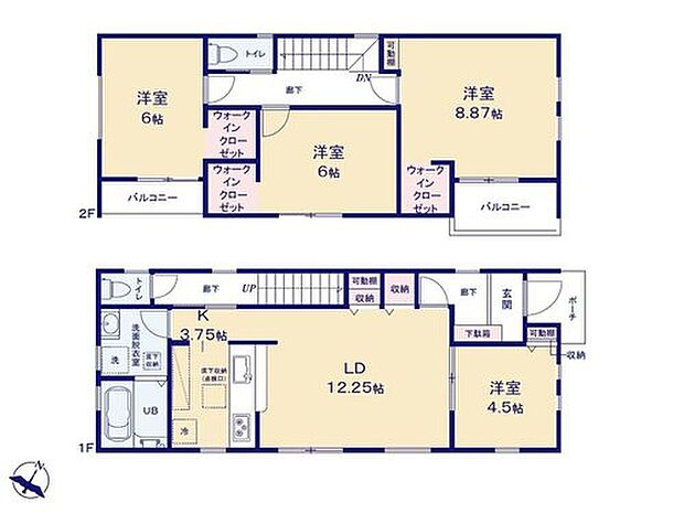 【4LDK】全居室南向きの明るいお住まい♪2階居室には
各部屋WIC付き☆家族それぞれの衣類の管理が
ラクになります!バルコニーは2か所あるので
洗濯物とガーデニング分けて使うのもおススメ◎