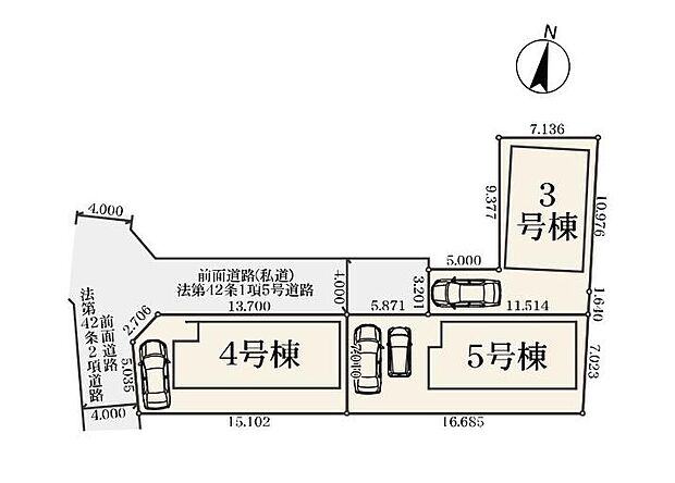 【全体区画図】全棟カースペースを完備しております。
南側にスペースを確保し、陽当たり良好な明るいお住まいとなっております♪
