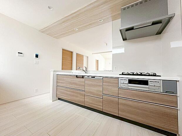 【キッチン】人工大理石トップ仕様の高級感のあるシステムキッチン。食洗機や浄水器、ハンドシャワーなど、高機能付きです。サポート力◎で、家事も快適スムーズに出来そうです。