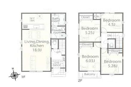 南窓から暖かな光がたっぷり差し込む18帖の広々リビング。ご家族の憩いの場です♪洋室を2階に集約し、プライバシーにも配慮した間取りプランです。 