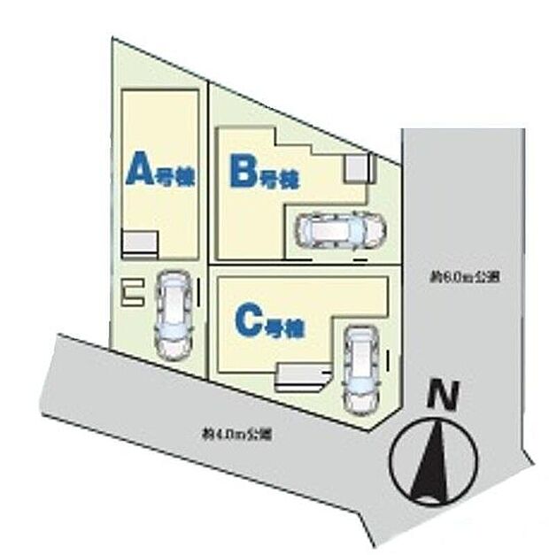 【全体区画図】立地条件を活かして車庫の一部をビルトインに。雨の日など車の乗り降りに便利です。
ぜひ一度ご覧下さい！