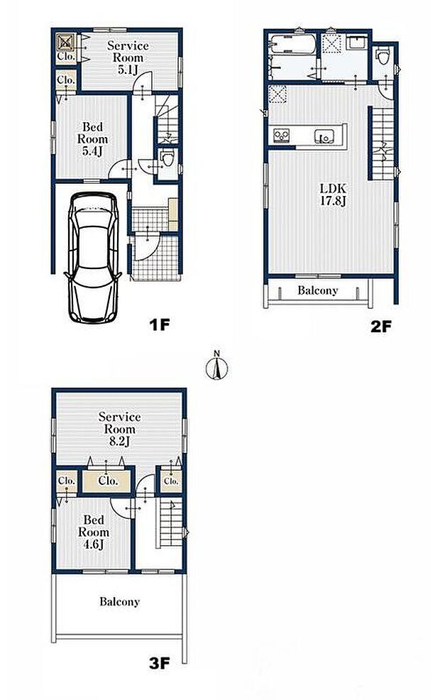 【2LDK+2S】2階のリビングは3面採光で光と風を取り入れられ、バルコニーに面しているので解放的な空間となります。2階で視線も気になりませんね♪２つの納戸をはじめ、随所に豊富な収納スペースを確保☆