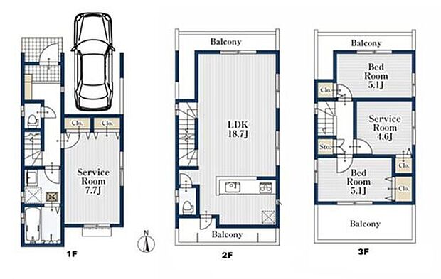 【2LDK+2S】２階リビングにはバルコニーを２カ所完備なので風通しを確保☆１F納戸は広い7.7帖の窓付きなので、居室としても問題なくお使いいただけます！広めなクローゼットもあるので季節を問わずたっぷり収納ができますよ♪