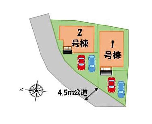 【全体区画図】カースペースは広く確保したので、2台駐車可能です！愛車のお手入れもしやすくなっております☆大型ショッピングモールも自転車で6分なので日用品から衣料品まで1カ所で済みます♪