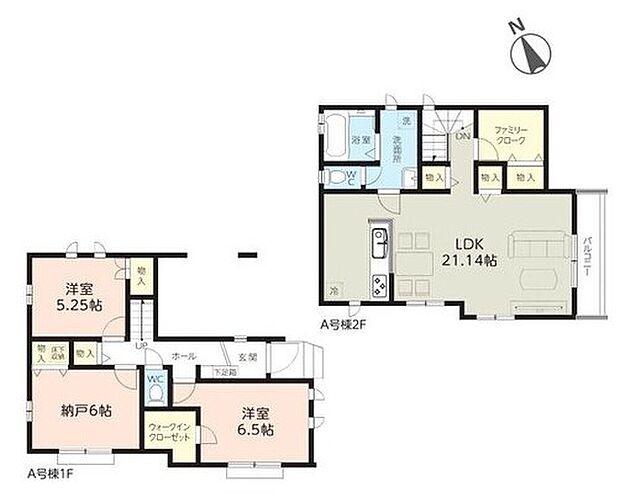 【2LDK+S】☆採光＆プライバシーを考慮した2階リビング！ＬＤＫは広々約21帖☆
窓＆収納付きの6帖の納戸はお部屋としても使用可能です♪
ファミリークロークやWICなど収納充実♪