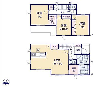 18.75帖のリビング隣接に納戸完備なのでこたつも扇風機などの季節ものも楽々しまえます。２F主寝室には収納力豊富なWICを設置♪洋服や小物類など、目的に応じてすっきり美しい収納を実現します♪ 