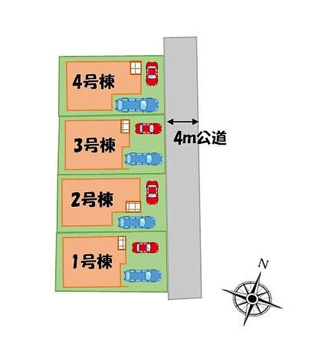 【全体区画図】カースペース2台分ございますので、家族分の自転車を駐輪したり、来客用の駐車スペースとしてもお使いいただけます♪小学校まで徒歩9分で低学年のお子様でも無理なく通える距離です☆ぜひ一度ご覧下さい!