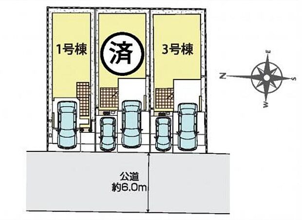 【全体区画図】駐車スペース完備♪ビルトインガレージから家に入れる設計なので、雨の日も濡れずに安心です！
前面道路幅はゆったり約6.0ｍなので、車の出し入れも焦らず対応できます♪