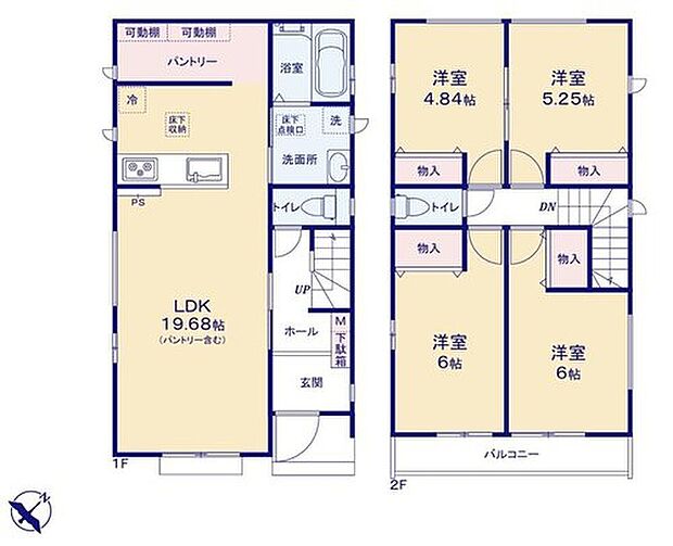 【4LDK】収納力豊富なシステムキッチンを用意しております。床下収納もございますので、キッチンスペースをいつでもすっきりとお使い頂けそうです。パントリーも設置しているのでまとめ買いしてもこの収納量なら心配いらず☆