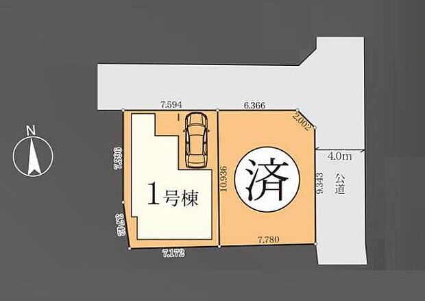【全体区画図】カースペースを1台完備しております。住人以外の車の進入も少なく、小さなお子様を持つご家庭にも安心です。