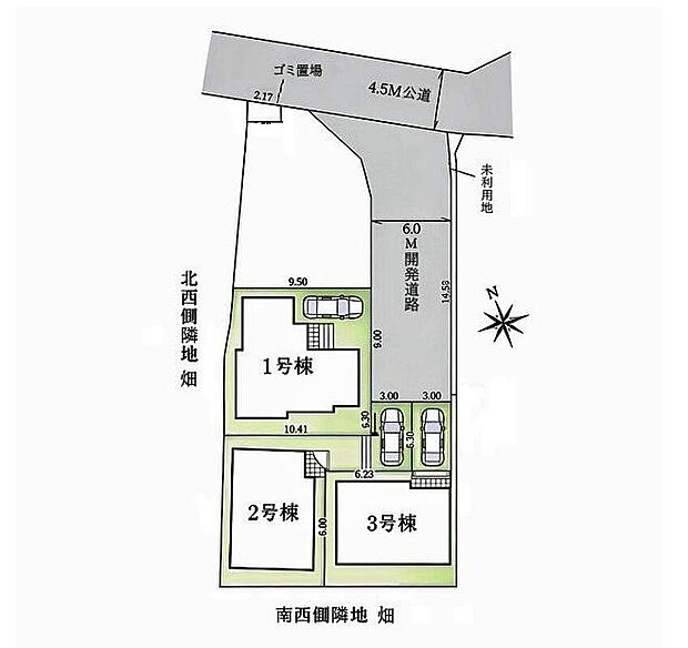 【全体区画図】前面の道路はゆとりのある広さなのでお車の駐車もスムーズ!住人以外の車の往来が少ないため、小さなお子様のいるご家庭も安心です♪