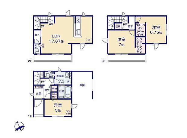 【3LDK】家族のコミュニケーションを重視した対面式キッチン・リビングイン階段。2階リビングは風通し良好で、ご家族みんなで過ごす空間を居心地良くしてくれます。３F全居室に大容量WICを完備♪