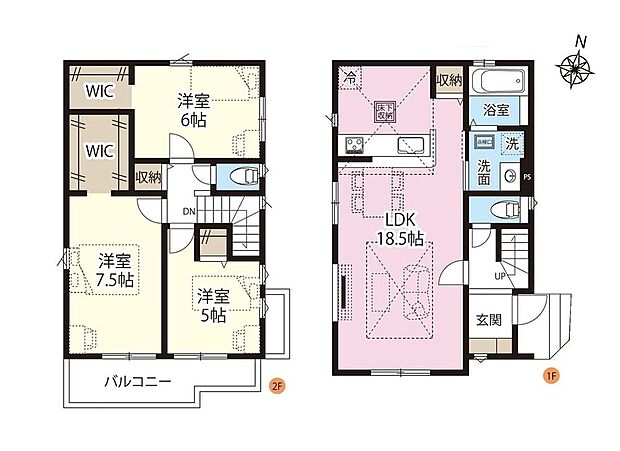 【3LDK】忙しい朝もスムーズな家事動線の水回り集約設計♪
家具選びやレイアウトの幅が広がる18.5帖の広々LDK!
WICを2部屋に配置!たっぷり収納でき衣類の出し入れや管理もらくらく♪