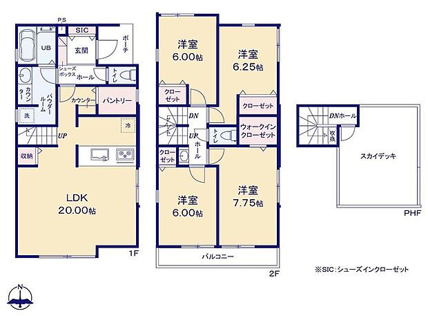 【4LDK】SIC、WIC、パントリー、リビング収納と嬉しい収納大容量間取り!屋上のスカイデッキには照明、コンセント、水栓付!青空の下でご家族との団らんスペースにもなります♪