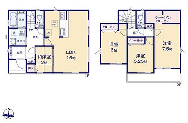 【4LDK】ご家族が集う空間と、個の時間を大切にする居室をしっかり分け合える2階3居室プラン♪また2部屋から行き来ができるバルコニーで便利です！
1、2Fホール収納、全居室収納完備でお部屋もスッキリ☆