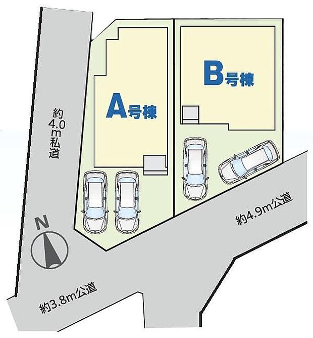 【全体区画図】カースペース2台あり！空いたスペースには、花や緑で彩るガーデニングもオススメです☆ぜひ一度ご覧下さい！