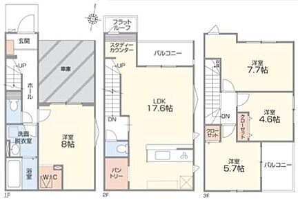 まとめ買いしてもこの収納量なら心配いらずのパントリー☆17.6帖の広いリビングは家族団らん過ごせて、スタディーカウンターも標準装備！対面キッチンからも全体を見渡せて声掛けもできますね♪ 