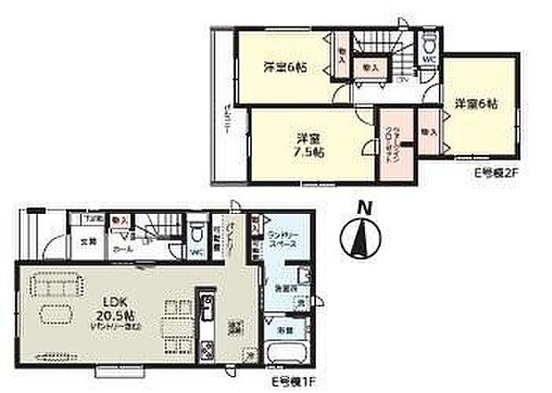 【3LDK】☆2階に居室3部屋☆洋室を2階に集約し、プライバシーにも配慮した間取りプラン☆6帖以上あると広く、使いやすい間取り!水回り集中設計にゆとりあるランドリースペースを完備♪