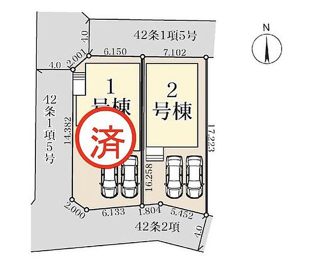 【全体区画図】土地117m2超のゆとりある区画に、建物と駐車スペースをバランスよく配置。カースペースは2台分を確保し、マイカーを利用するご家族にも嬉しい区画計画です。